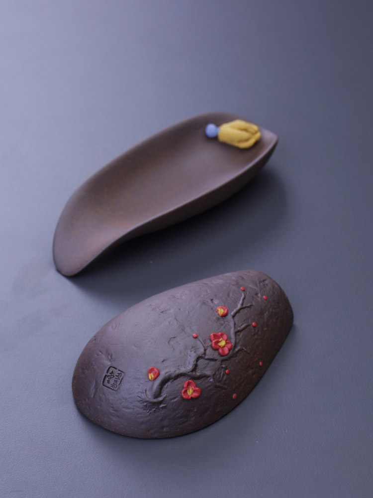 粗陶中式雕刻佛手茶则陶瓷禅意茶勺老岩泥仿柴烧复古茶荷茶道配件