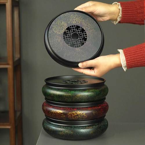 中式圆型茶盘大漆铁器复古茶具