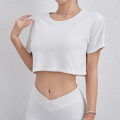 跑步服 露脐速干瑜伽上衣健身短袖 九麦一品运动T恤女罩衫 宽松短款