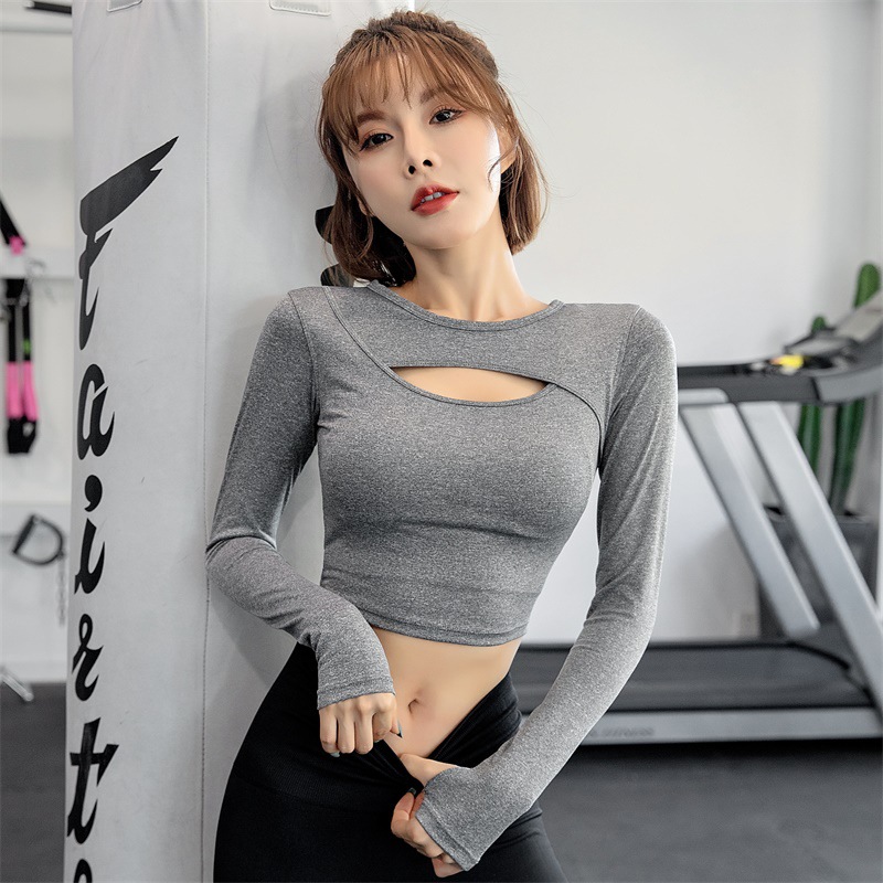 九麦一品性感露脐运动上衣女长袖紧身健身速干T恤跑步训练瑜伽服