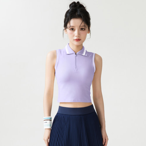 Polo领运动背心女半拉链撞色条纹速干网球瑜伽服跑步训练健身上衣