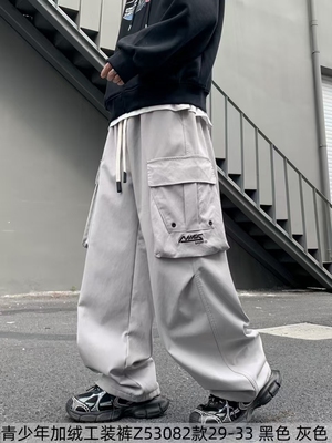青少年加绒工装裤秋冬2025新款男大童加厚裤子初中生直筒百搭长裤