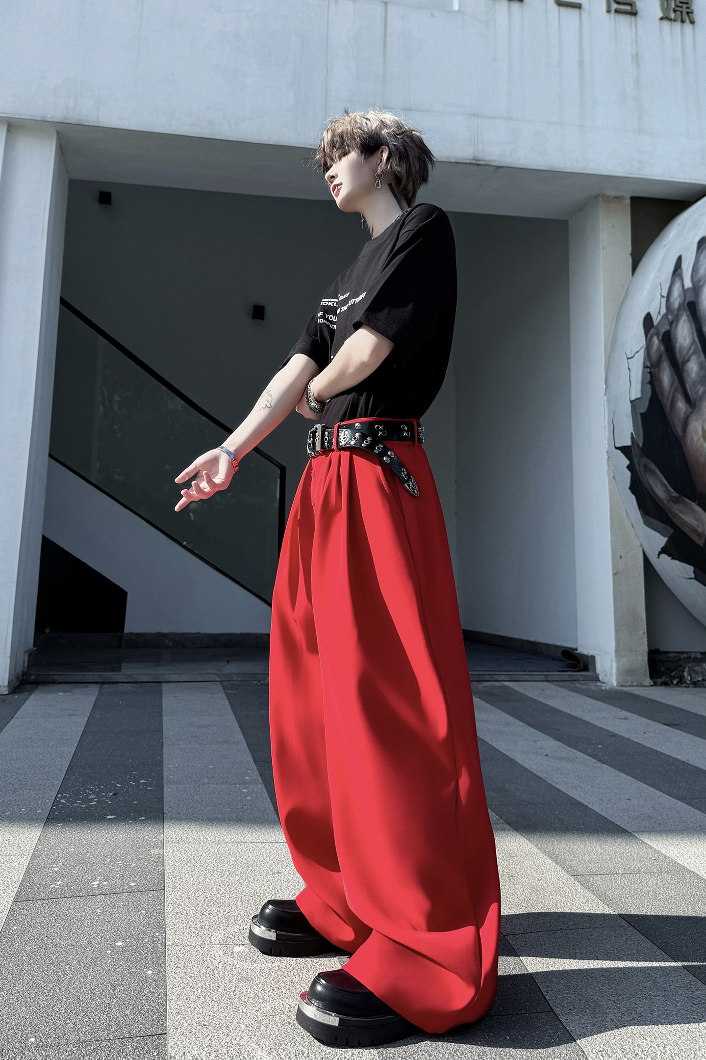 美式弯刀红色阔腿裤男女显瘦休闲裤垂感休闲拖地长裤潮H2265P90,男装休闲裤,星座1114（原A254）