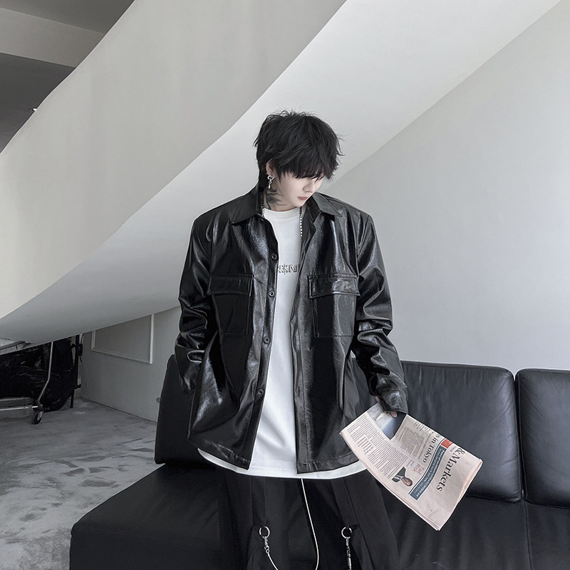 ins痞帅PU皮衬衣男外套宽松休闲衬衫设计高级感上衣潮流H2035P95,男装衬衫,星座1114（原A254）