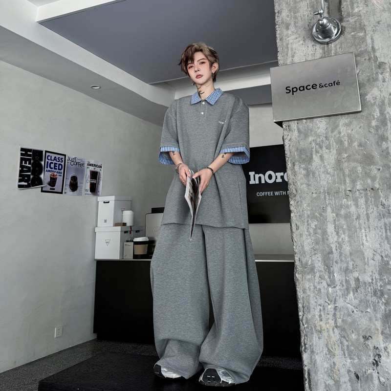 假两件拼格子POLO领短袖T恤套装一套衣服弯刀裤潮H2260P175,男装休闲套装,星座1114（原A254）
