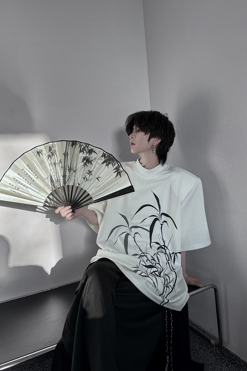 新中式半高领竹子印花T恤男女风体恤潮流H2127P70,男装T恤,星座1114（原A254）