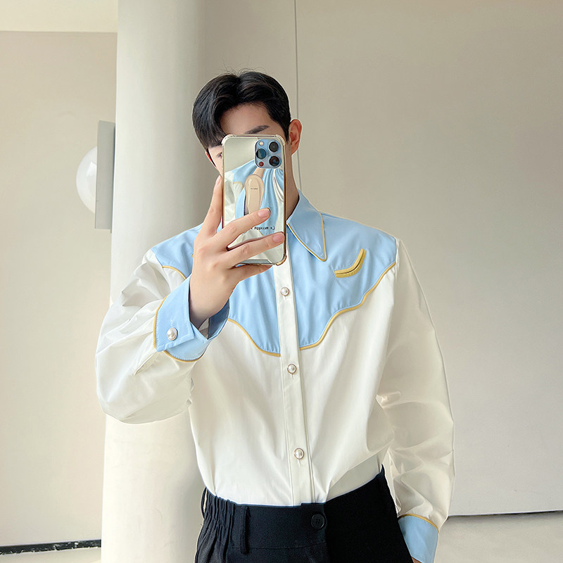 发型师韩版高级感撞色拼接休闲长袖衬衣男个性小众衬衫H1830P85,男装衬衫,星座1114（原A254）