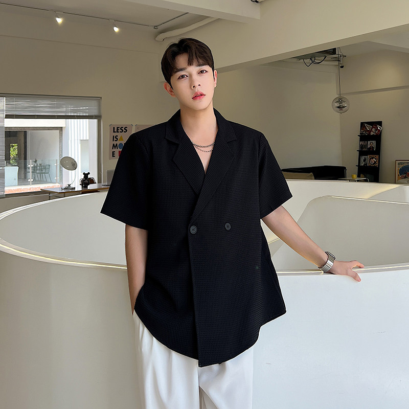 夏季韩版设计感衬衫男ins克莱因蓝双排扣西装领短袖上衣H1623 P90图片