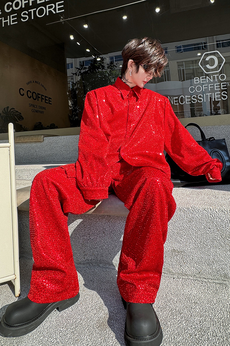 夜店演出亮闪闪珠片衬衫男时髦套装休闲裤一套舞台服潮H2107P150,男装休闲套装,星座1114（原A254）