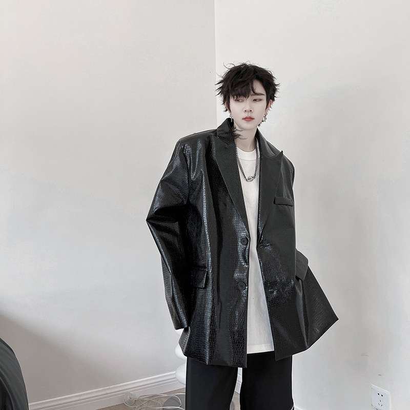 小众亮皮西装外套男PU鳄鱼皮垫肩西服高级上衣潮流H1996P125,男装西服,星座1114（原A254）