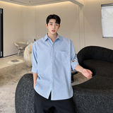 日系廓形条纹五分袖衬衫男韩版宽松叠穿衬衣外套潮H1833P70，男装衬衫，星座1114（原A254）