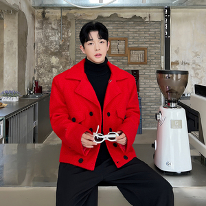 毛呢大衣男短款韓版帥氣雙排扣風(fēng)衣寬松加厚妮子外套潮H2020 P135圖片