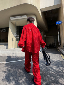 夜店演出亮闪闪珠片衬衫男时髦套装休闲裤一套舞台服潮H2107 P150图片