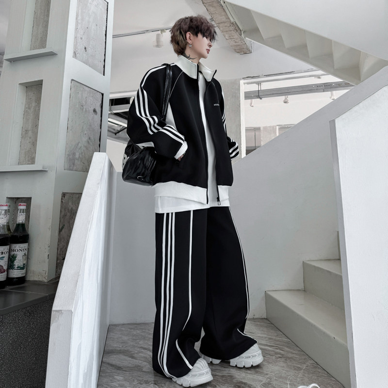美式黑白拼接撞色潮牌重磅运动夹克男女套装一套长裤H2277P265,男装休闲套装,星座1114（原A254）
