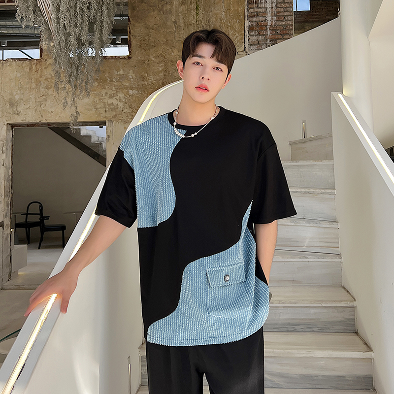 ins网红牛仔拼接短袖T恤中性春夏小众设计感上衣韩版潮H1630P60，男装T恤，电商A254