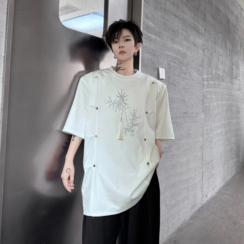 新中式圆领短袖T恤男装铆钉装饰高级感风烫钻流苏体恤H8016P80,男装T恤,星座1114（原A254）