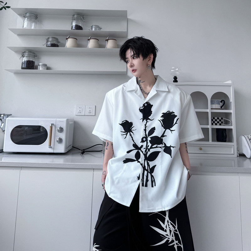 新中式高级感古巴领衬衫男个性印花短袖衬衣流行上衣潮 H2138 P75图片