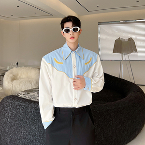 发型师韩版高级感撞色拼接休闲长袖衬衣男个性小众衬衫 H1830 P85图片