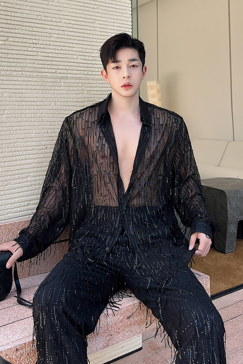 亮片男韩版夏季精致韩风免烫衬衫黑色男士休闲开衫,男装衬衫,星座1114（原A254）