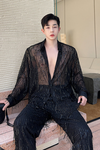 亮片男韩版夏季精致韩风免烫衬衫黑色男士休闲开衫图片