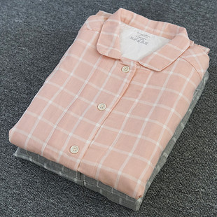 全棉男女睡衣纯棉双层纱布春夏长袖 文艺印花色织简约家居服套 长裤