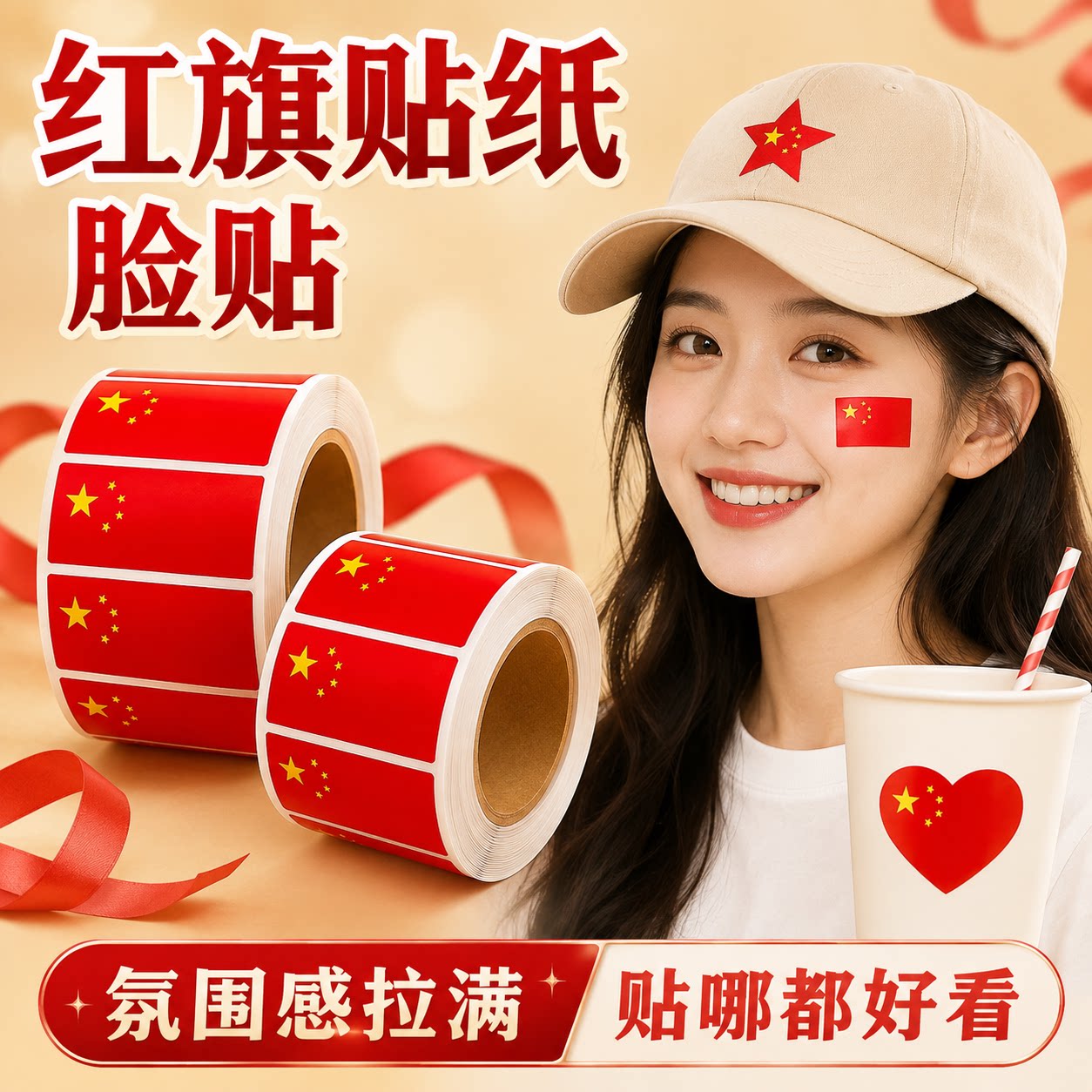 红旗贴纸脸贴爱心五角星小红旗贴脸贴装饰图案防水国庆节日贴纸