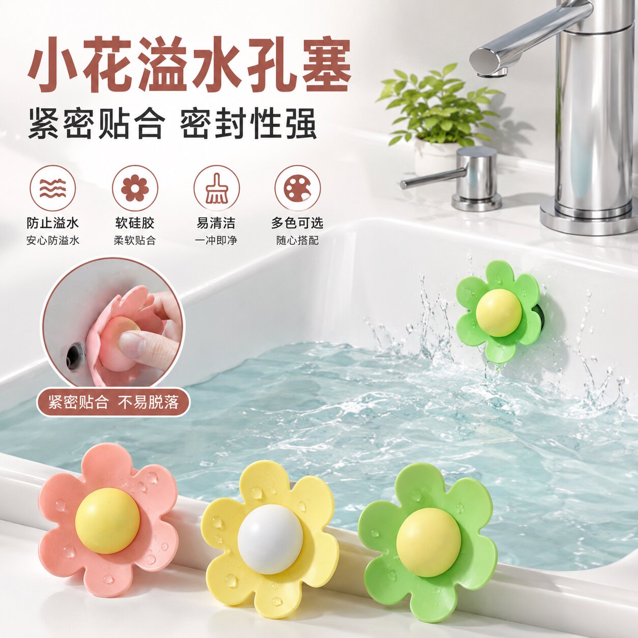 硅胶溢水孔塞家用小花洗手盆密封堵头浴室台盆溢水口防漏水密封盖