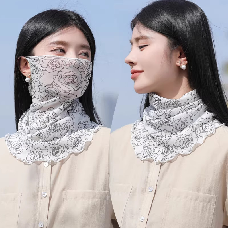围脖丝巾女网纱夏季防晒护脸面罩纱巾套头护颈百搭时尚脖套薄面纱