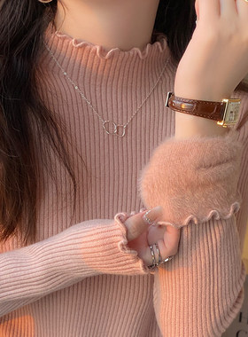 粉色毛衣女冬季加绒加厚一体绒内搭半高领打底衫东北特厚针织上衣