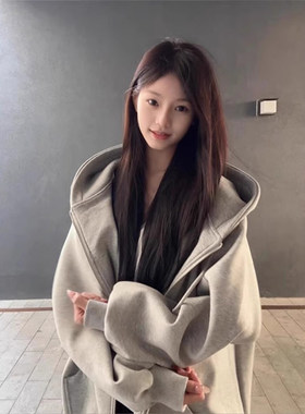 灰色连帽卫衣外套女2025新款韩系冬季冬天秋冬冬装女款秋季穿搭薄