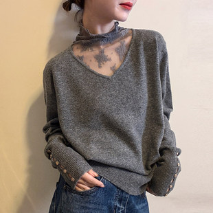 内搭针织打底衫 微胖大码 设计感上衣 毛衣女秋冬季 蕾丝镂空套头长袖