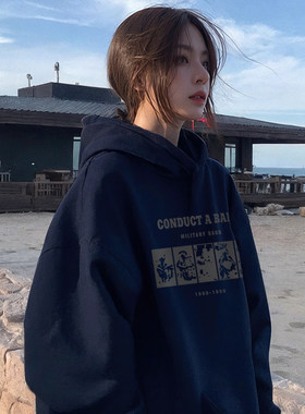 加绒加厚连帽卫衣女2025新款冬秋季冬藏蓝色外套美式新款春款上衣