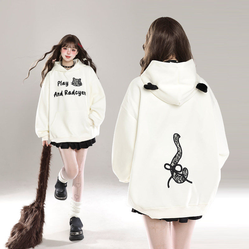 甜美可爱刺绣连帽卫衣外套女秋季穿搭韩系慵懒风加绒加厚宽松上衣