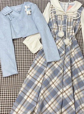 法式蓝色假两件洋装子女春夏季2025年新款今年流行爆款格子长裙