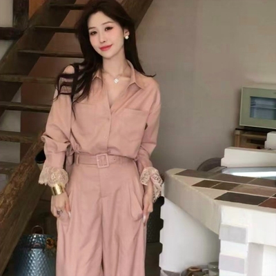 老钱风蕾丝拼接长袖衬衫女高腰阔