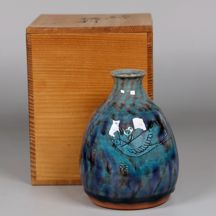 日本九谷烧名家彩流鸟酒瓶酒壶花瓶花入花道用具赏瓶摆件jp846