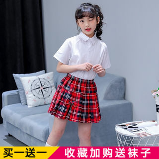 六一儿童百褶短裙演出服百搭女童舞蹈格子衬衣半身裙超短裙夏校服