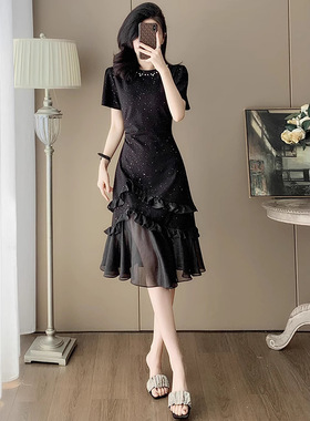2025夏新款高端轻奢黑色连衣裙女收腰显瘦拼接网纱精致气质鱼尾裙