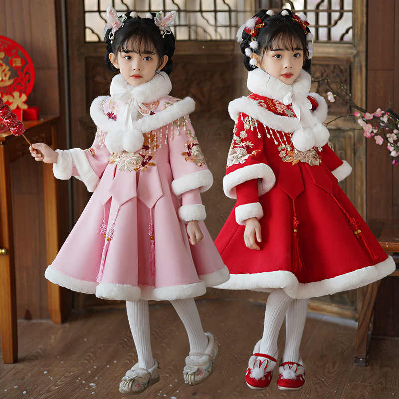 女童连衣裙儿童冬季加绒加厚保暖汉服裙子小女孩中国风喜庆拜年服