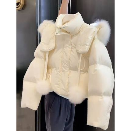 今年流行冬季小香风韩系短款羽绒棉服小个子加厚毛领连帽外套女