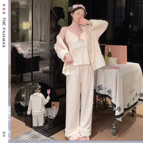 海岛绒性感睡衣女可爱新款家居服三件套双面绒保暖秋冬豹纹睡衣