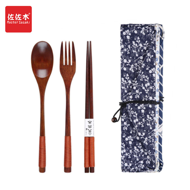 日韩餐具套装木质布袋勺子叉子筷子三件套学生开学季便携礼品定制