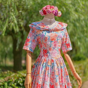 兔子大人|手作服 vintage美式浪漫立体玫瑰花双层领洋装连衣裙