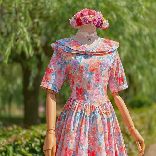 兔子大人｜手作服 vintage美式浪漫立体玫瑰花双层领洋装连衣裙