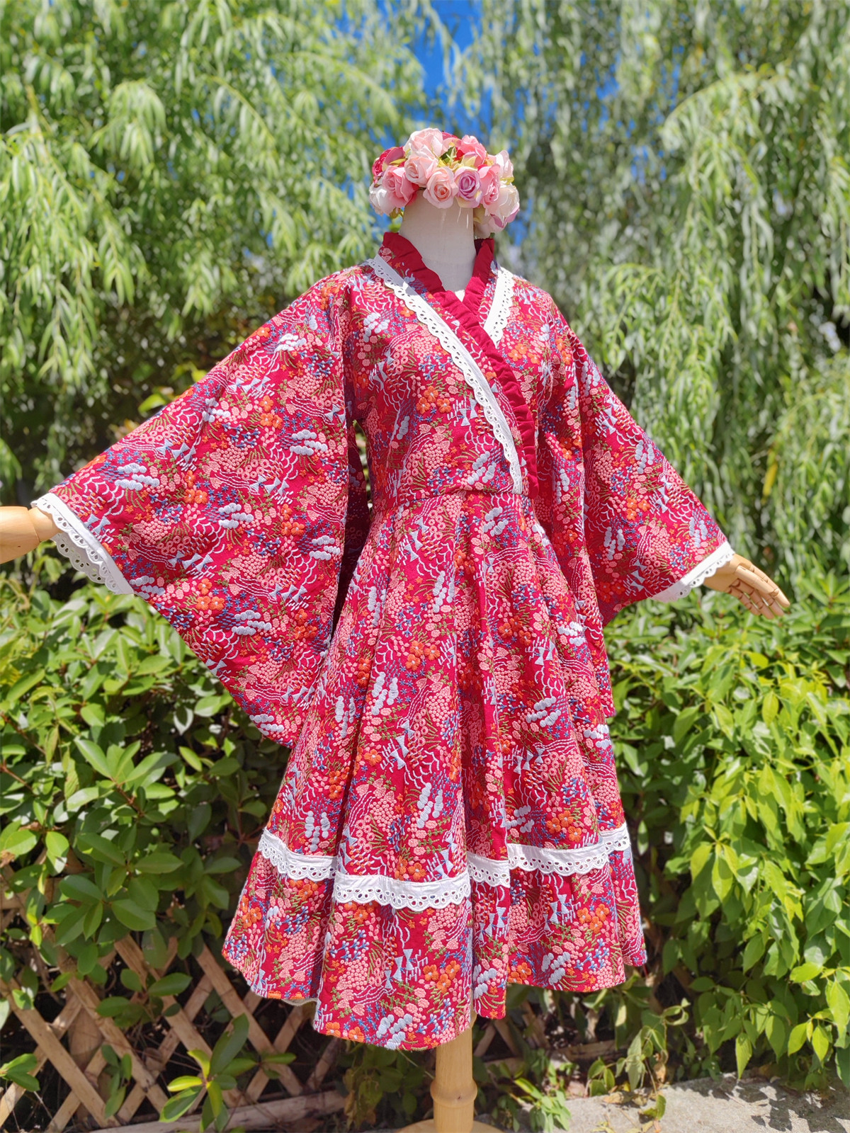 兔子大人|手作服 华丽丽昭和风小振袖改良版满副刺绣和服连衣裙