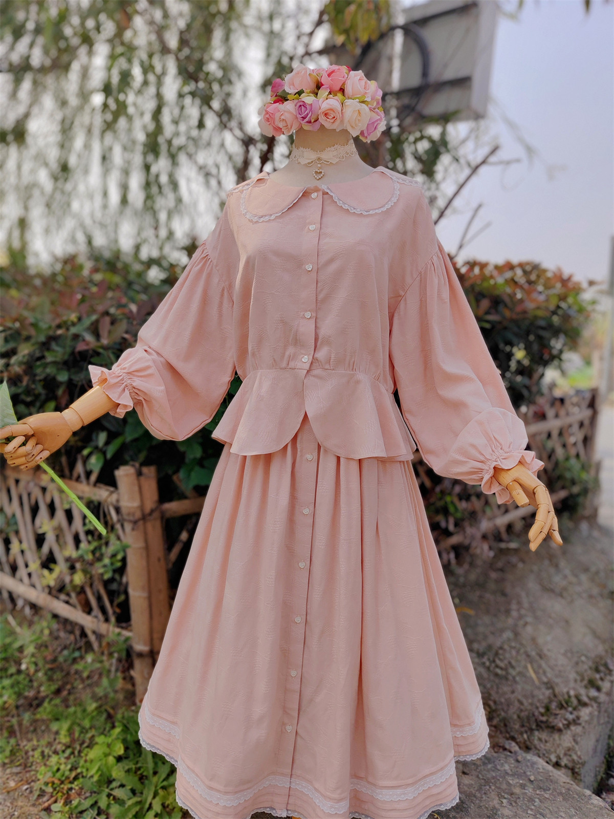 兔子大人｜手作服 法式少女甜美荷叶边长袖衬衫 口袋半身裙 套装
