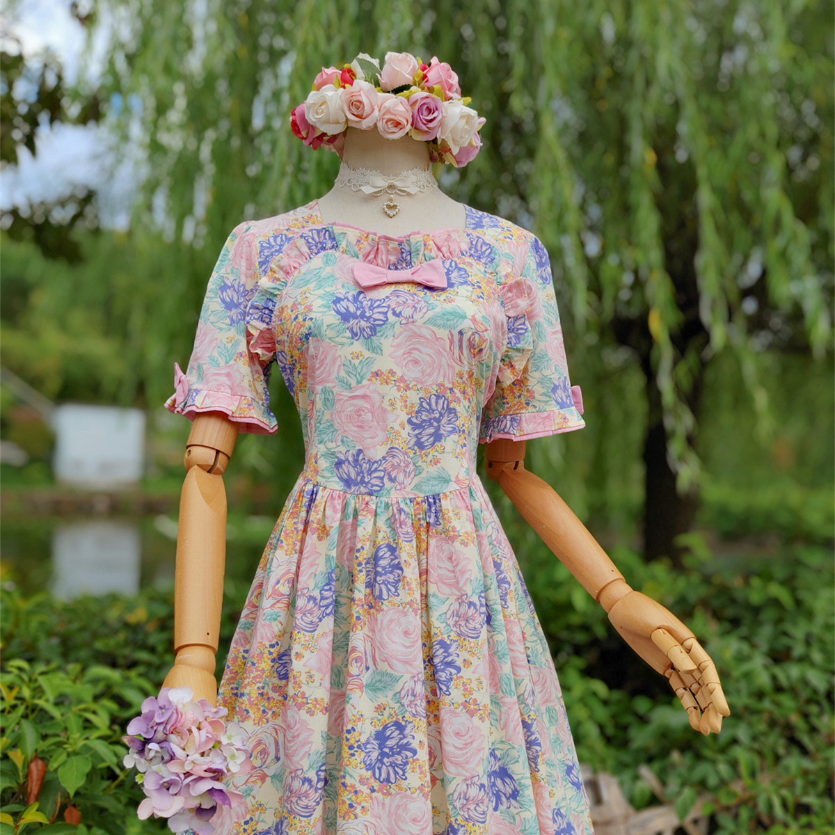 兔子大人｜手作服 vintage古着蝴蝶结洋装 复古大花短袖连衣裙