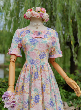 兔子大人｜手作服 vintage古着蝴蝶结洋装 复古大花短袖连衣裙