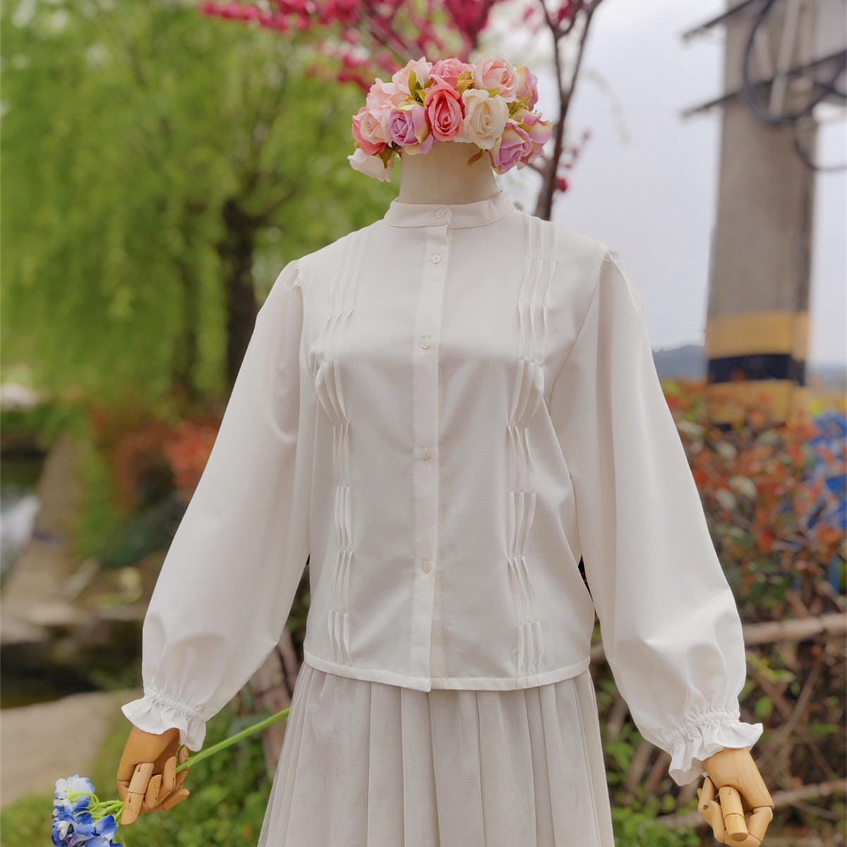 兔子大人|手作服 法式复古波浪褶TR梭织面料立领灯笼袖白衬衫