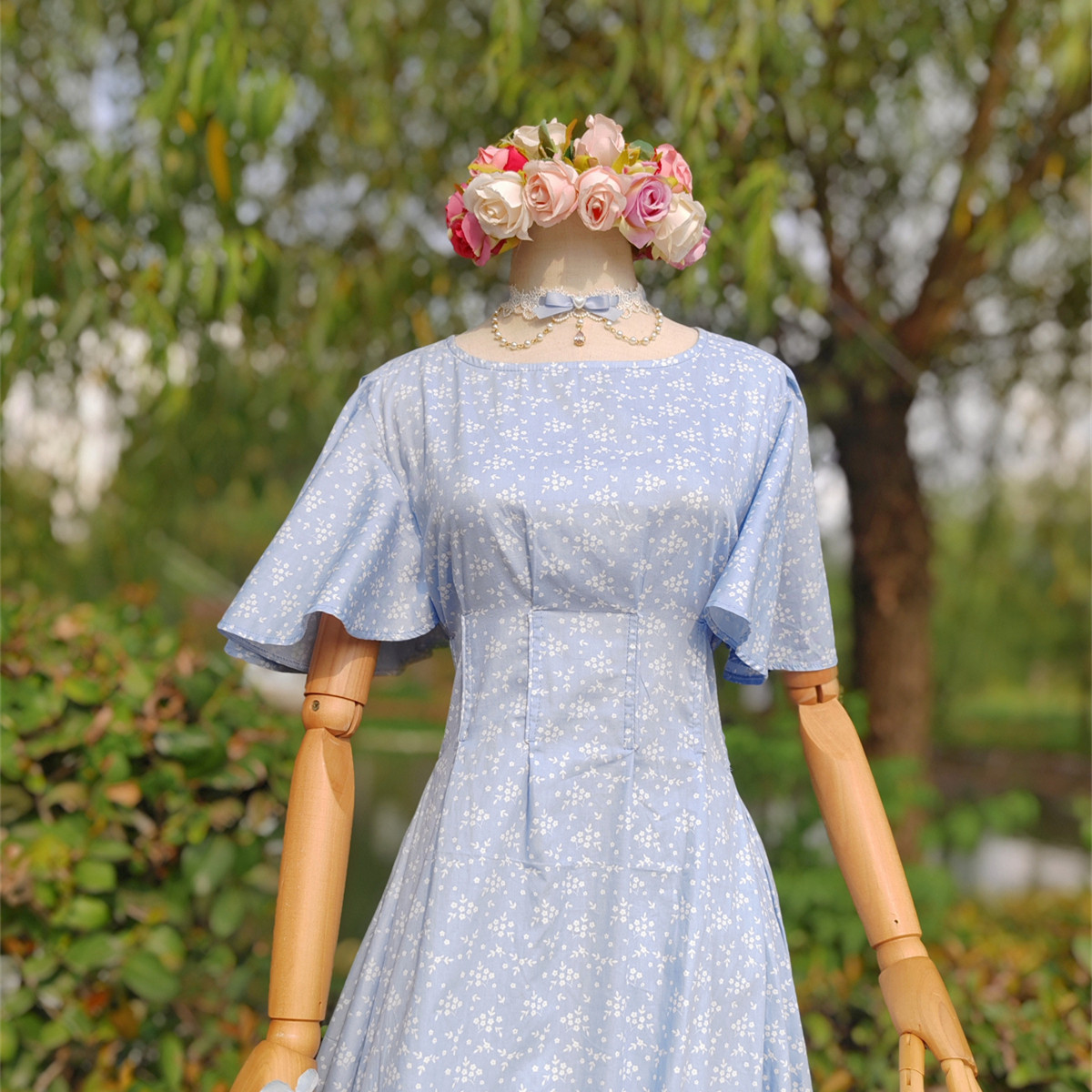 兔子大人|手作服 vintage法式碎花甜美喇叭袖公主腰连衣裙